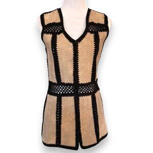 Tarri vtg 60s cream genuine leather and crochet button up sweater vest sz S